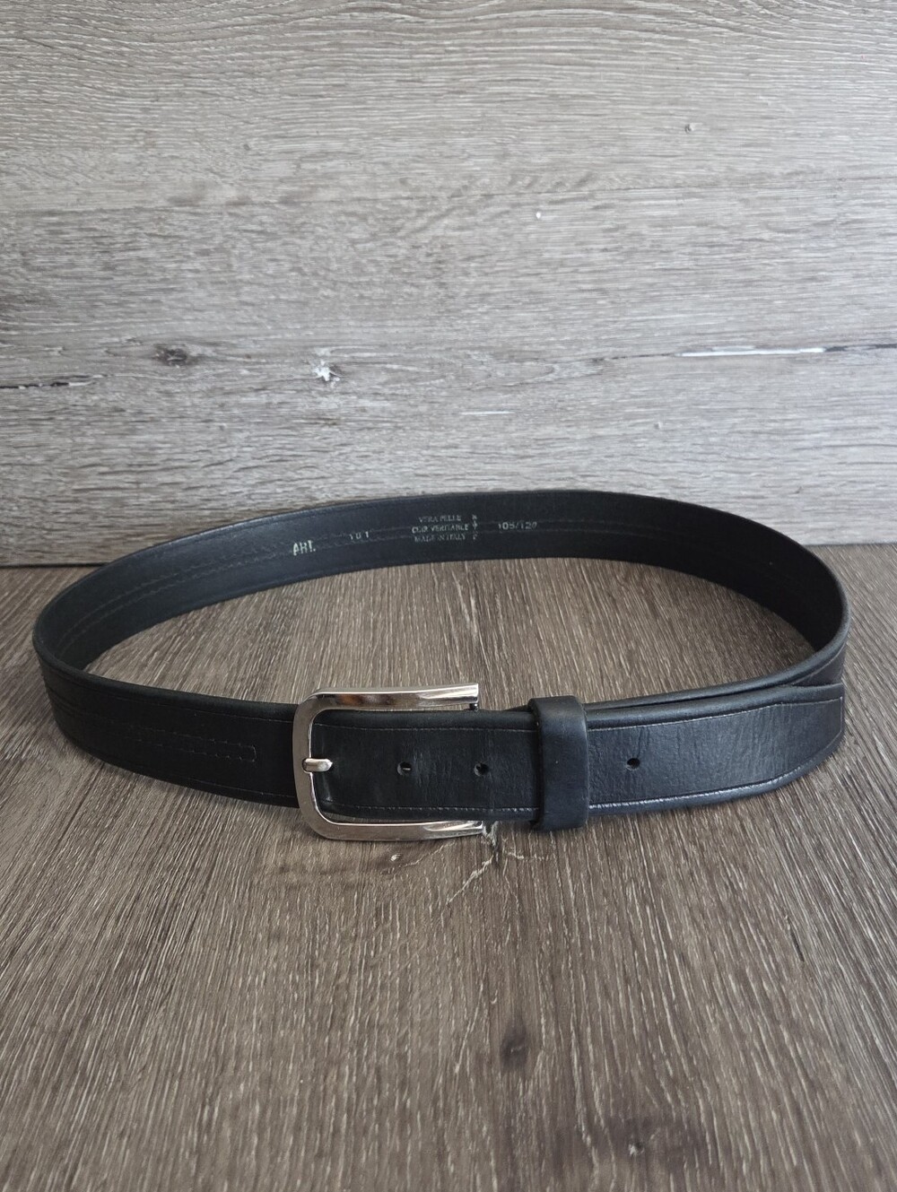 Vera Pelle Men's Black Leather Belt with Silver Buckle 42" Long